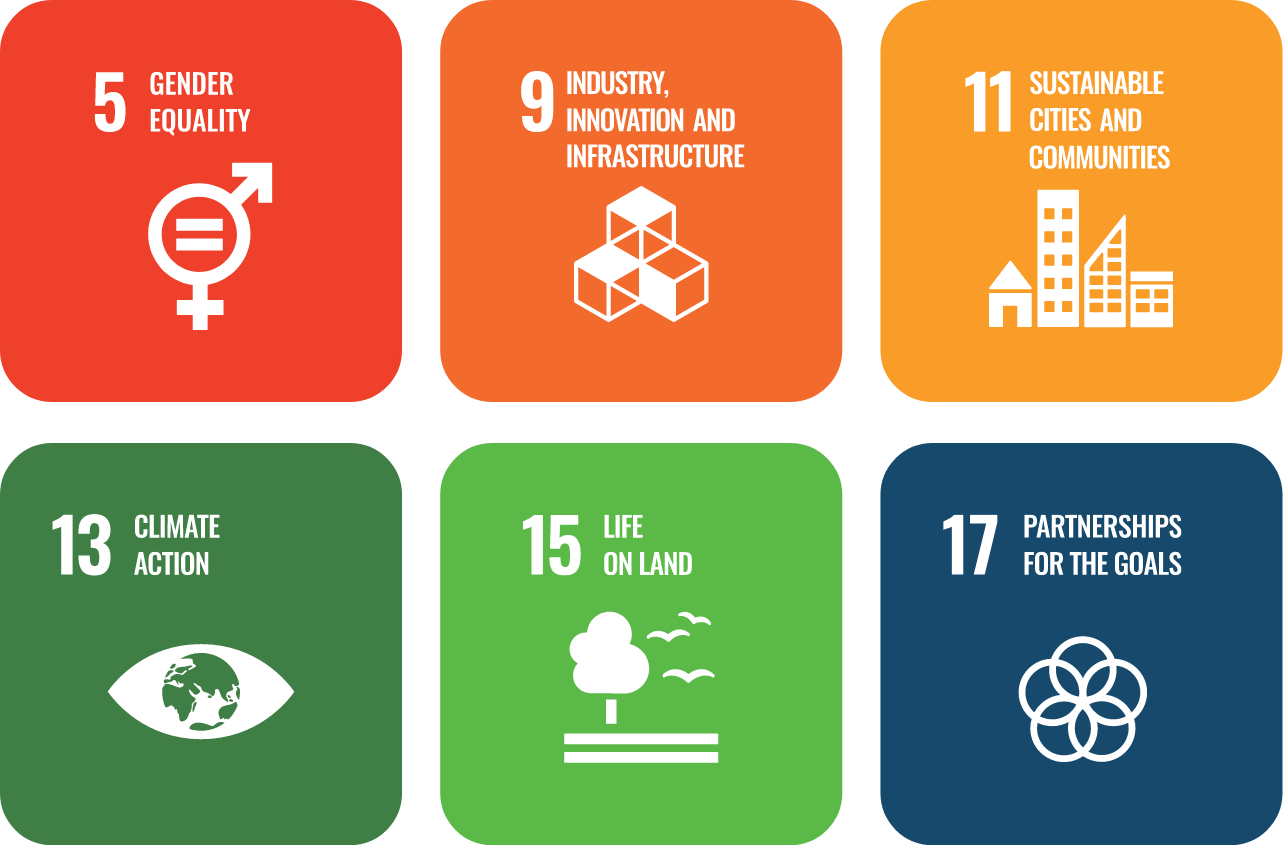 Logo of objective number 5 of the United Nations Sustainable Development Goals - Gender Equality.
Logo of objective number 9 of the United Nations Sustainable Development Goals - Industry, Innovation and Infrastructure.
Logo of objective number 11 of the United Nations Sustainable Development Goals - Sustainable Cities and Communities.
Logo of objective number 13 of the United Nations Sustainable Development Goals - Climate Action.
Logo of objective number 15 of the United Nations Sustainable Development Goals - Life on Land.
Logo of objective number 17 of the United Nations Sustainable Development Goals - Partnerships for the Goals.