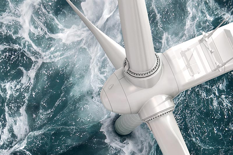 Close-up of a wind turbine in the sea