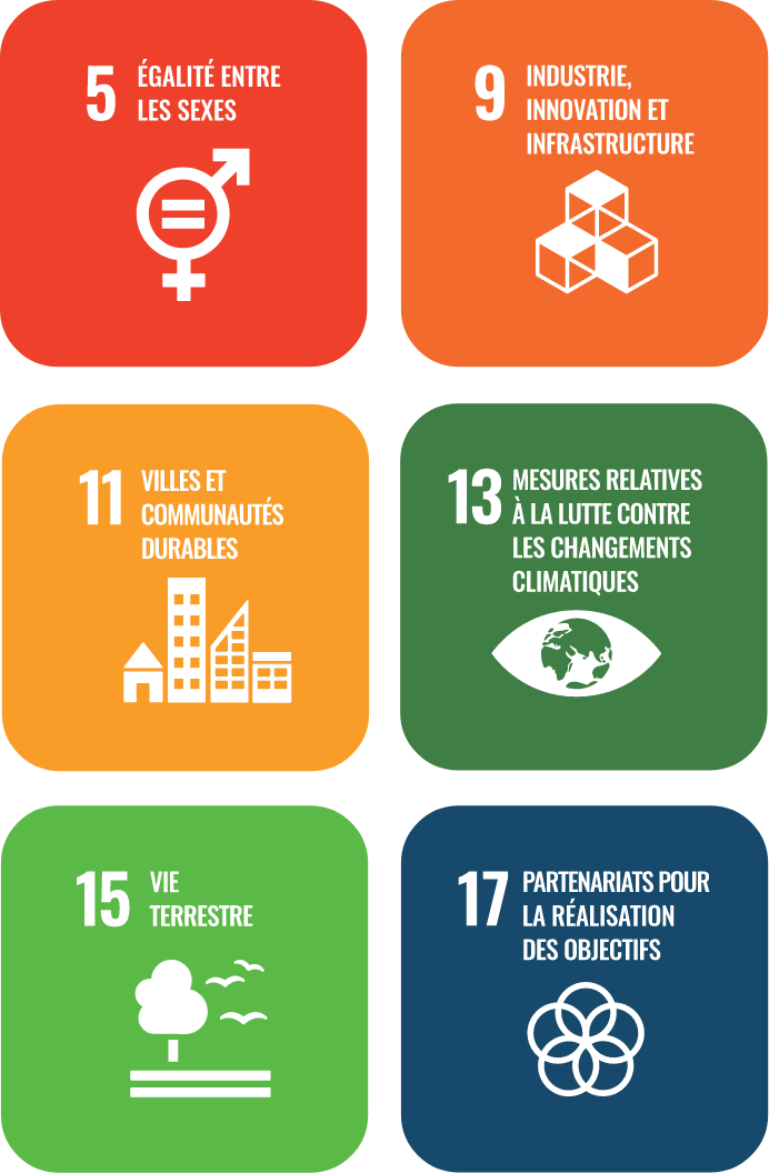 Logo de l’objectif no 5 de l’ODD de l’ONU – Égalité entre les sexes.
Logo de l’objectif no 9 de l’ODD de l’ONU – Industrie, innovation et infrastructure.
Logo de l’objectif no 11 de l’ODD de l’ONU – Villes et communautés durables.
Logo de l’objectif no 13 de l’ODD de l’ONU – Mesures relatives à la lutte contre les changements climatiques.
Logo de l’objectif no 15 de l’ODD de l’ONU – Vie terrestre.
Logo de l’objectif no 17 de l’ODD de l’ONU – Partenariats pour la réalisation des objectifs.