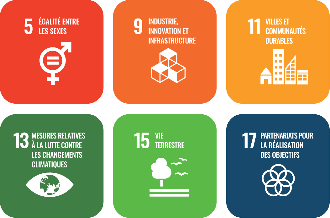 Logo de l’objectif no 5 de l’ODD de l’ONU – Égalité entre les sexes.
Logo de l’objectif no 9 de l’ODD de l’ONU – Industrie, innovation et infrastructure.
Logo de l’objectif no 11 de l’ODD de l’ONU – Villes et communautés durables.
Logo de l’objectif no 13 de l’ODD de l’ONU – Mesures relatives à la lutte contre les changements climatiques.
Logo de l’objectif no 15 de l’ODD de l’ONU – Vie terrestre.
Logo de l’objectif no 17 de l’ODD de l’ONU – Partenariats pour la réalisation des objectifs.