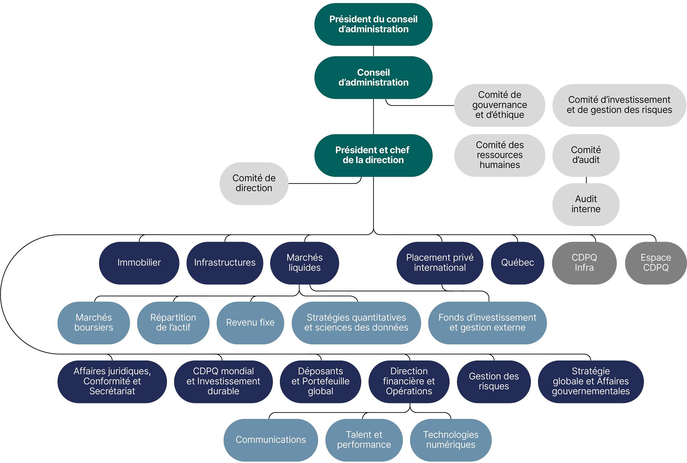 Cet organigramme détaille les différents niveaux de la structure organisationnelle de la CDPQ au 31 décembre 2024, soit :
•le président du conseil d’administration;
•le conseil d’administration et les différents comités qui s’y rapportent;
•le président et chef de la direction, et le comité de direction;
•les différentes unités, en investissement et dans les services d’entreprise;
•et la filiale spécialisée.

À noter que la CDPQ a intégré les activités de ses filiales Ivanhoé Cambridge et Otéra Capital en avril 2024.