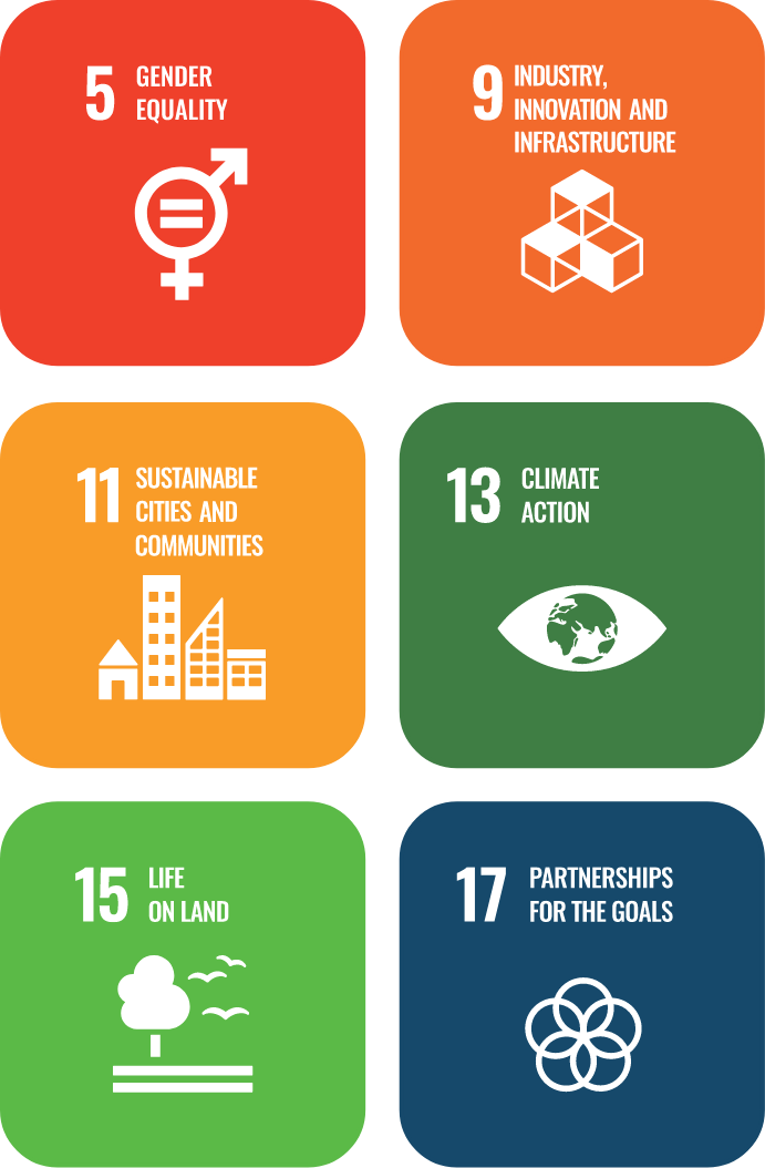 Logo de l’objectif no 5 de l’ODD de l’ONU – Égalité entre les sexes.
Logo de l’objectif no 9 de l’ODD de l’ONU – Industrie, innovation et infrastructure.
Logo de l’objectif no 11 de l’ODD de l’ONU – Villes et communautés durables.
Logo de l’objectif no 13 de l’ODD de l’ONU – Mesures relatives à la lutte contre les changements climatiques.
Logo de l’objectif no 15 de l’ODD de l’ONU – Vie terrestre.
Logo de l’objectif no 17 de l’ODD de l’ONU – Partenariats pour la réalisation des objectifs.