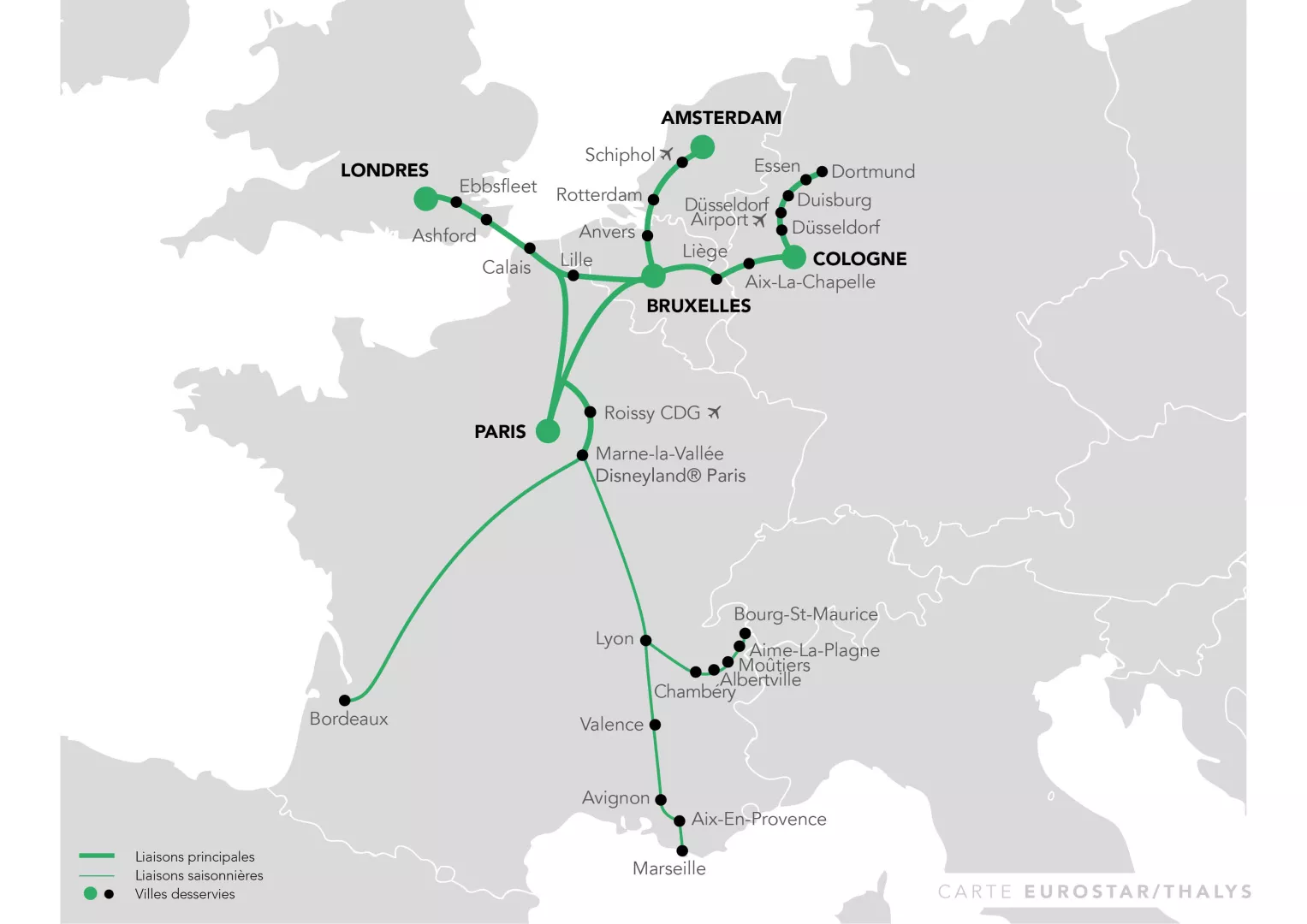 CARTE DU RÉSEAU COMBINÉ EUROSTAR ET THALYS